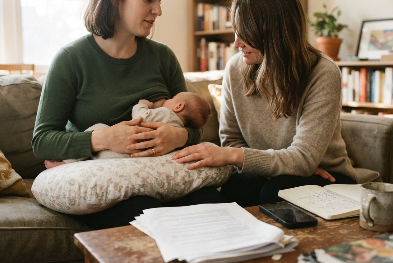 Two women seated side by side on a sofa working through a feed together — the mother with her baby, a second woman leaning