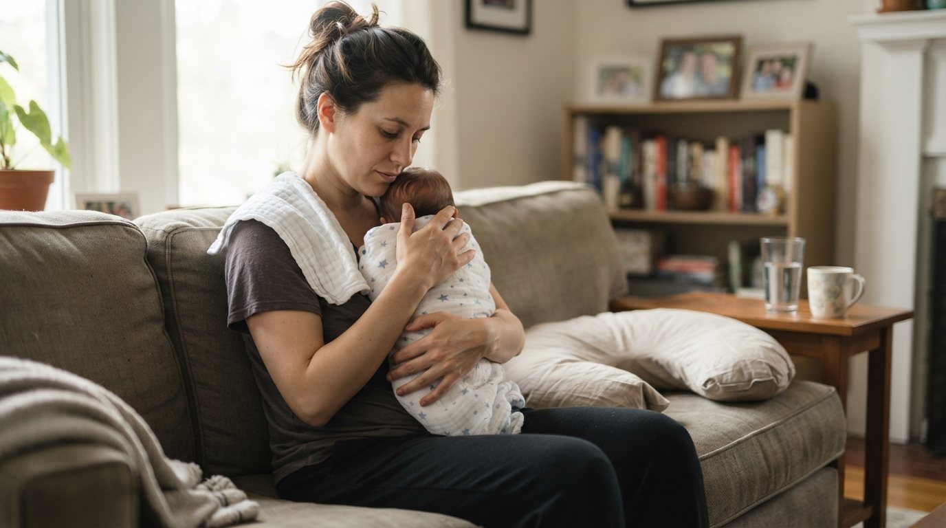 A mother seated on her own living-room sofa in Northwest D.C