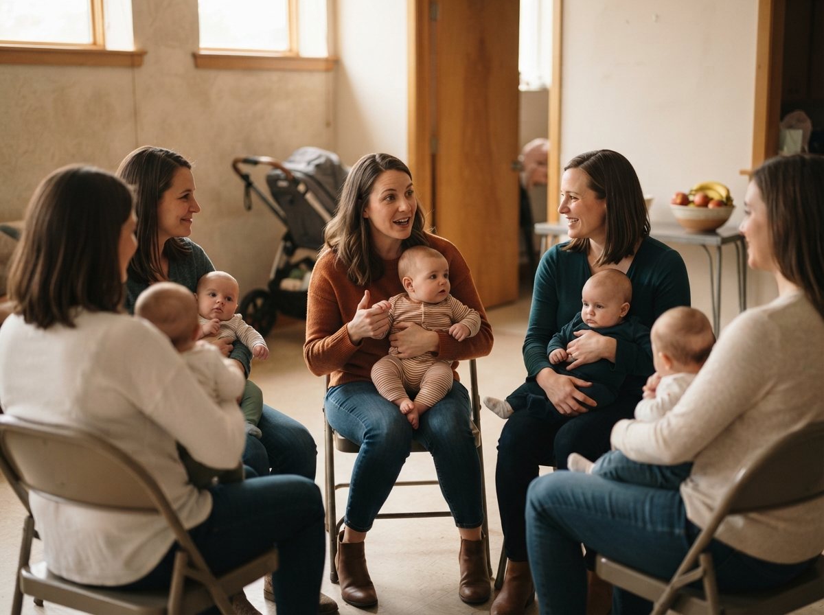 A small circle of five or six mothers seated on folding chairs in a community room with babies in arms, one leaning forward